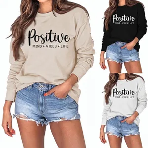 Sweat-Shirt Femme Col Rond Manches Longues Mélange Coton Positive Mind Imprimé Lettres Pull Mode Streetwear Décontracté