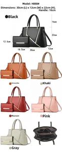 Dimensioni dettagliate e opzioni di colore per il set borsa a mano da due pezzi