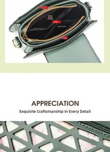 Detail of green crossbody bag showing multi-pocket interior structure and floral lining