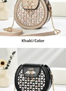 Detail of cross-body round bags featuring hollow triangle patterns and swan metal buckles