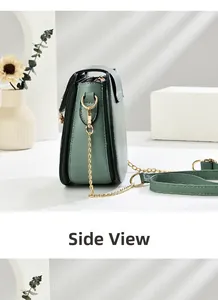 Side view of sage green chain bag with accordion pleats and gold metal hardware details