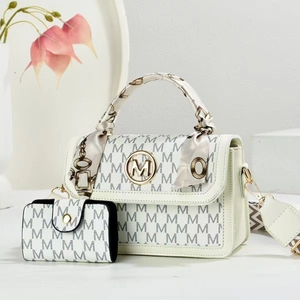 Elegant white crossbody bag with letter print, gold logo and decorative silk scarf