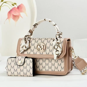 Elegant monogram printed handbag and wallet set with silk scarf and wide shoulder strap