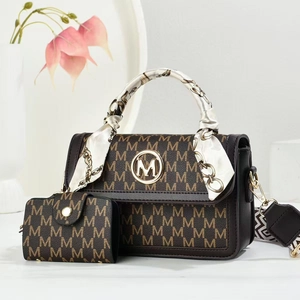 Brown monogram small square shoulder bag with silk scarf handle and wide strap