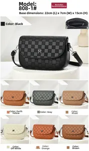 Detail view of checkered crossbody bag with M logo showing 22x7x15cm size and color options