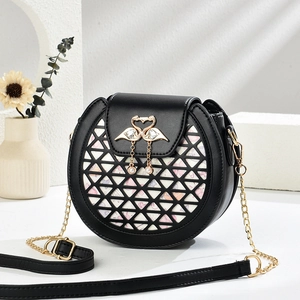 Sac Bandoulière Rond Pour Femmes En Cuir PU Design Géométrique Ajouré Boucle Cygne Doré Pendentif Künstliche Perle Chic