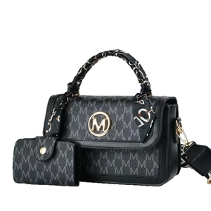 Black M-letter printed shoulder bag set with silk scarf handle and wide strap