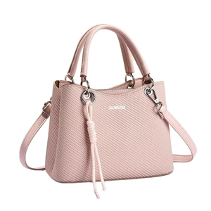 Pink woven texture handbag for women with tassel charm and detachable shoulder strap