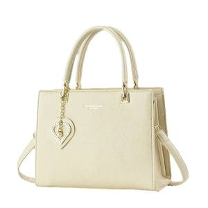Classic beige faux leather tote bag with dual handles and detachable shoulder strap