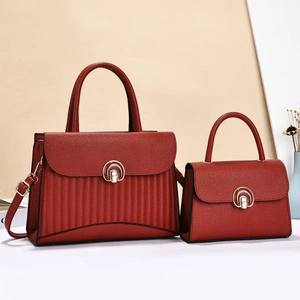 Red striped patchwork tote bag set with golden metal buckle and faux leather texture