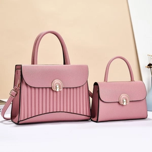 Pink striped 2-piece tote set with pleated leather, metal buckle and long shoulder strap