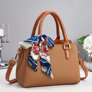 Women Handbag Textured PU Leather Top Handle Bag With Decorative Satin Scarf Detachable Shoulder Strap Fashion Commuter Tote