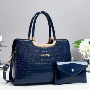 Dark blue crocodile texture handbag and wallet set with stylish gold metal handles