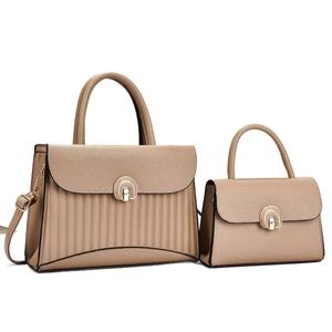 Champagne gold striped patchwork handbag set with metallic round buckle and leather texture