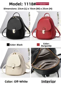 Detailed size guide and internal structure of mini faux leather backpacks in three colors