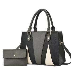 Women's tricolor patchwork handbag set with crossbody strap in black, gray and cream faux leather