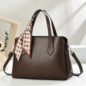 Sac à main fourre-tout marron foncé pour femme en cuir avec foulard à motif pied-de-poule