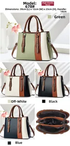 Detailed view of color-block tote bag showing 30x23x12cm dimensions and interior compartments