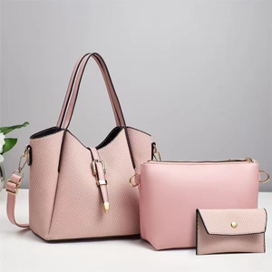 Three-piece pink tote bag set with woven texture and gold accents for women