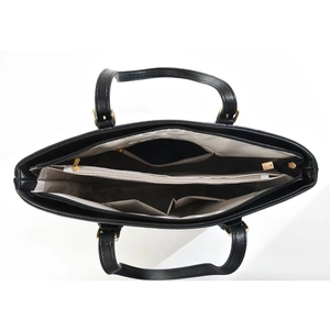 Top view of black leather tote bag with gray lining, internal zipper pockets and golden hardware