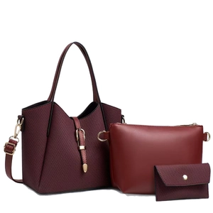 Three-piece burgundy shoulder bag set featuring geometric woven texture and gold hardware