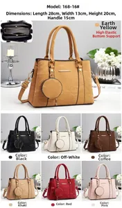 Detail view of multi-compartment pleated leather tote bag with round coin purse accessory