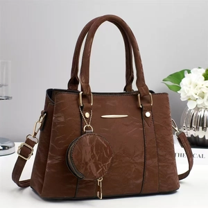 Elegant dark brown wrinkled PU leather handbag for women with gold buckles and mini purse
