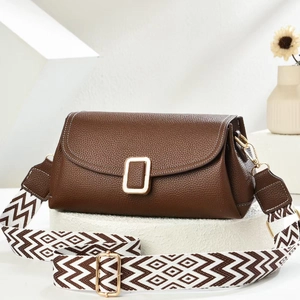 Women Shoulder Bag Pebble Grain PU Leather Wide Geometric Woven Strap Flap Square Crossbody Purse Fashion Retro Style
