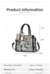 Detailed dimension chart showing the PU leather handbag size 25x12x20cm with silk scarf