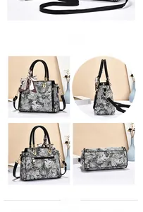 Detailed views showing floral pattern, silk scarf handle and golden hardware of handbag