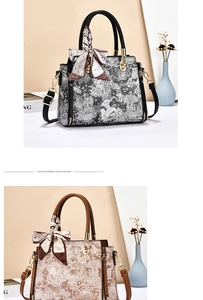 Dual view of elegant floral embroidery handbags with silk scarves and adjustable straps