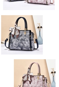 Detailed view of retro printed handbags with silk scarf accents and gold metal hardware