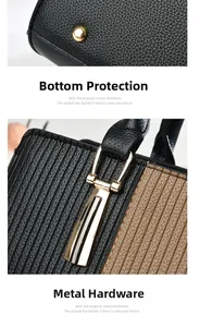 Dettagli dei piedini protettivi e dell'hardware dorato sulla borsa a righe in pelle