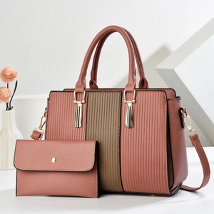 Two-piece color block tote bag and matching wallet with lychee pattern and gold hardware