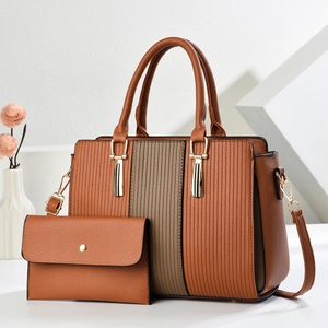 Brown faux leather 2-piece tote bag set with vertical texture and matching coin purse