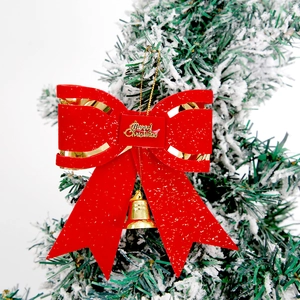Red Flocking Christmas Bow Hanging Ornament With Gold Trim Metal Bell And Merry Christmas Sign For Holiday Tree Decor