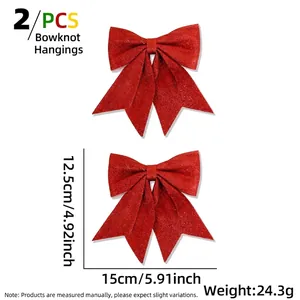 Detailed size view of red glitter Christmas bow ornaments 15cm wide for tree decor