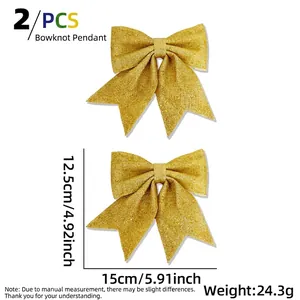 Golden glitter bow tree decoration set 2pcs, measuring 15x12.5cm with sparkling sequins