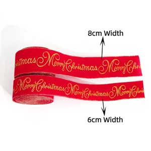 Red velvet Christmas ribbon with gold Merry Christmas lettering in 8cm and 6cm widths