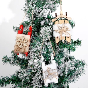 Christmas Sled Hanging Ornaments Wood Sleigh With Faux Fur And Glitter Snowflake For Holiday Tree Home Decor Rustic Nordic