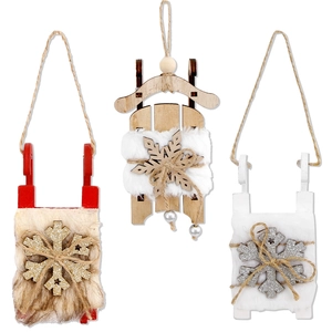 Three wooden Christmas sled ornaments with faux fur and snowflake details on white background