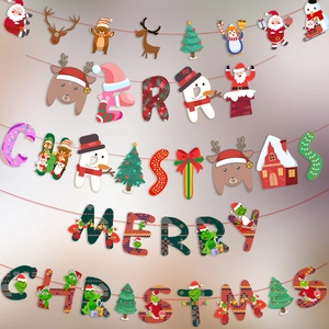 Festive Merry Christmas letter banner with cartoon Santa and Grinch characters