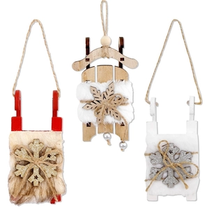 Set of 3 rustic wooden Christmas sleigh ornaments with plush fur and snowflake details