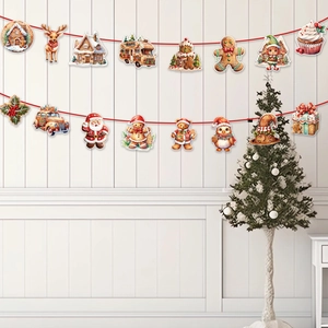 Christmas bunting with 16 festive gingerbread man and reindeer cards on white wood wall