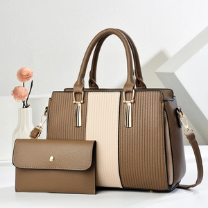 Retro two-piece tote bag and wallet set in brown contrast faux leather with gold hardware