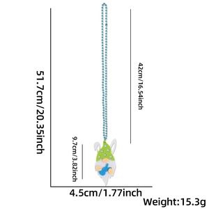 Detailed view of Easter beaded necklace with bunny gnome pendant and size measurements