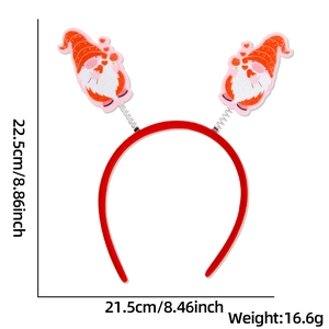 Detail view of a festive red gnome headband with spring design and size specifications