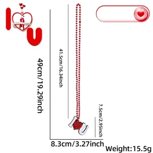 Detailed dimensions of red Valentine's heart pendant necklace with beaded chain