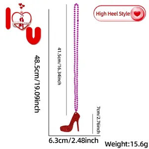 Detail of purple bead necklace with glittery red high heel pendant showing dimensions