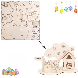 Oster DIY Holzpuzzle Set mit Hase, Eierbaum und Haus als Tischdekoration